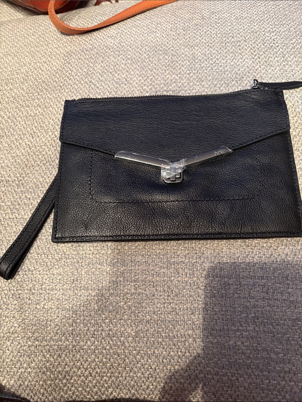 Botkier Black Leather Envelope Wristlet Clutch with Silver Accent